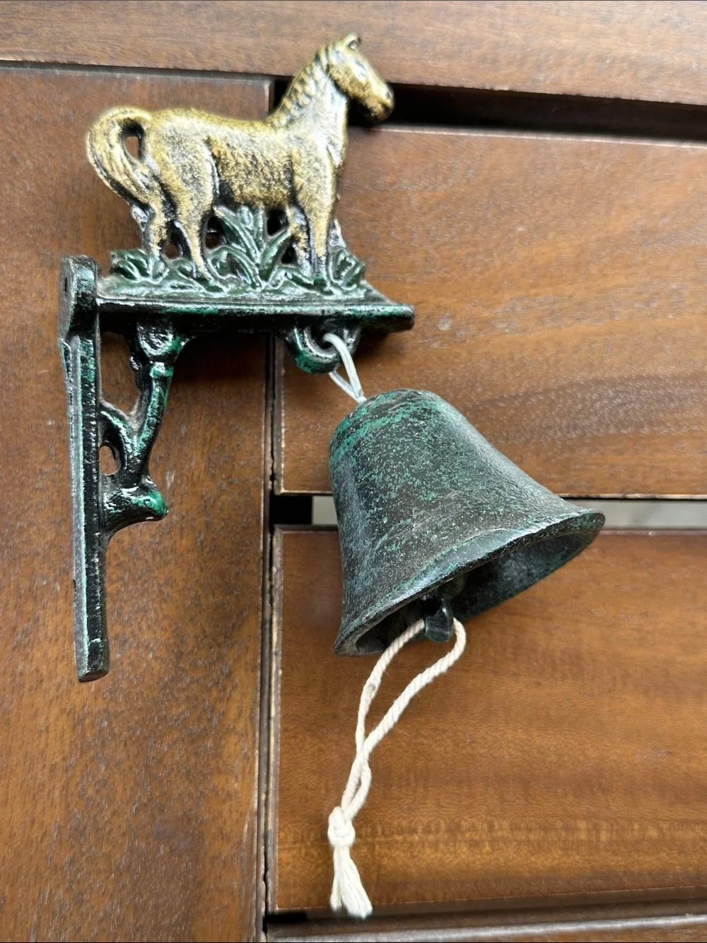 Cast Iron Horse Wall Bell in Gold and Dark Green